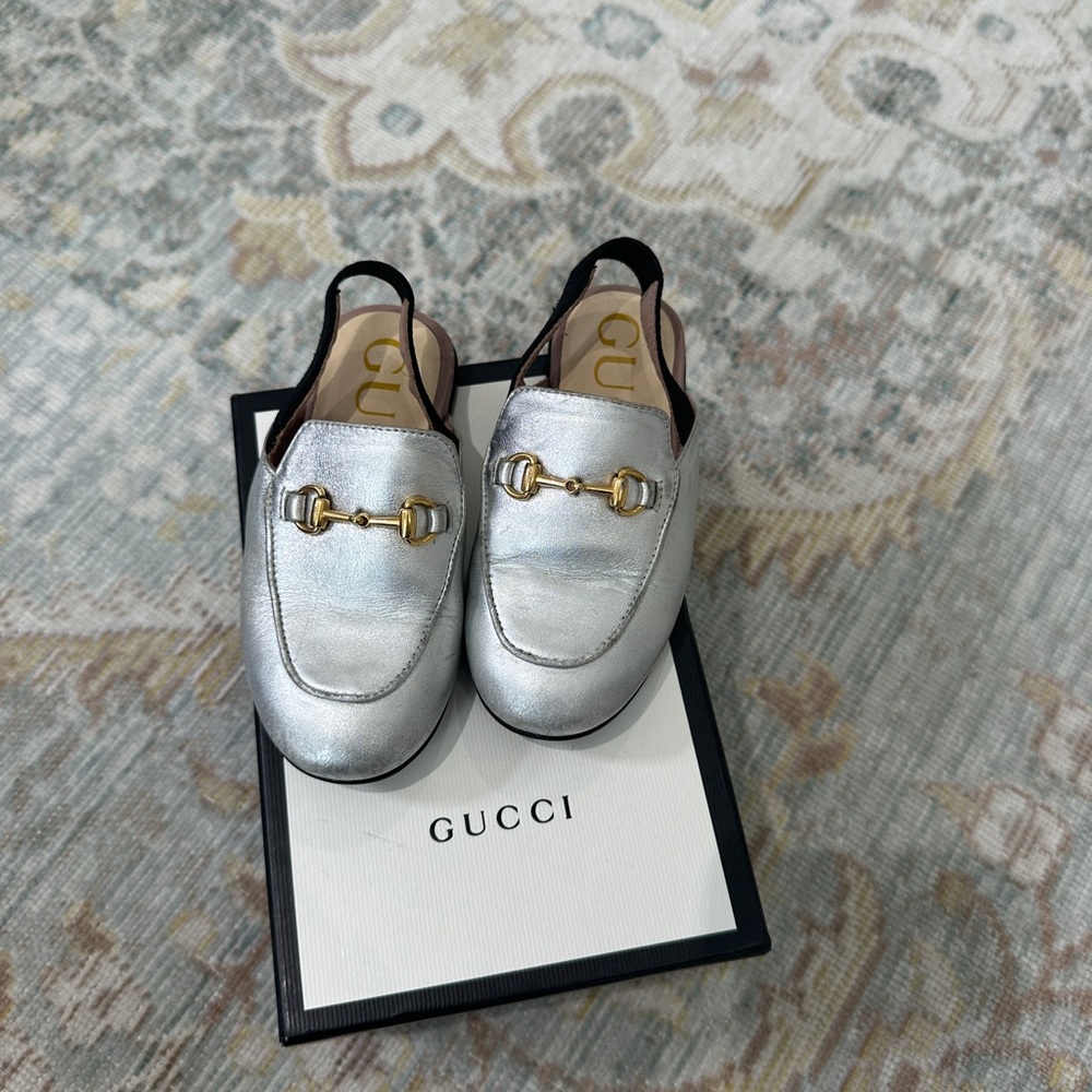 Gucci Girls Silver Horsebit Slingback Slides Size 24
